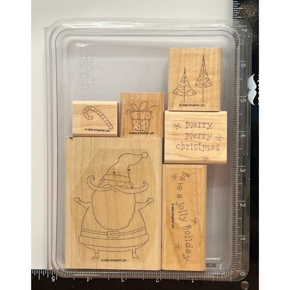 Stampin Up! Jolly Holiday Wood Mounted Rubber Stamp Set of 6 Santa candy cane - Picture 3 of 6